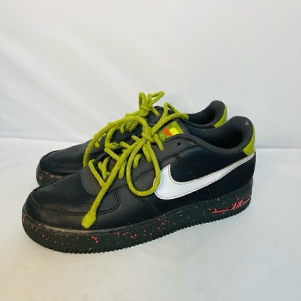Nike Air Force 1 Black Silver Green Shoes AF1 DC2095-001  Kids 7Y Very Good Cond